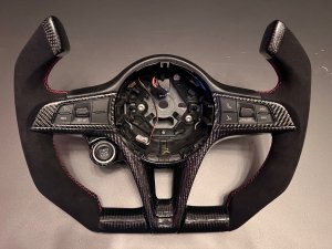 Jeep Wrangler JL Custom Steering Wheel - Carbon Fiber - F1 Style - Flat Bottom - Alcantara/ Green Stitch